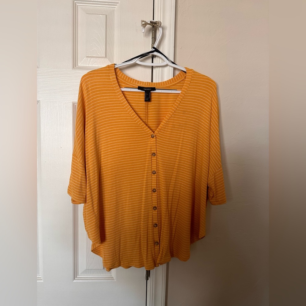 Forever 21 yellow and white striped shirt with buttons. Size Medium